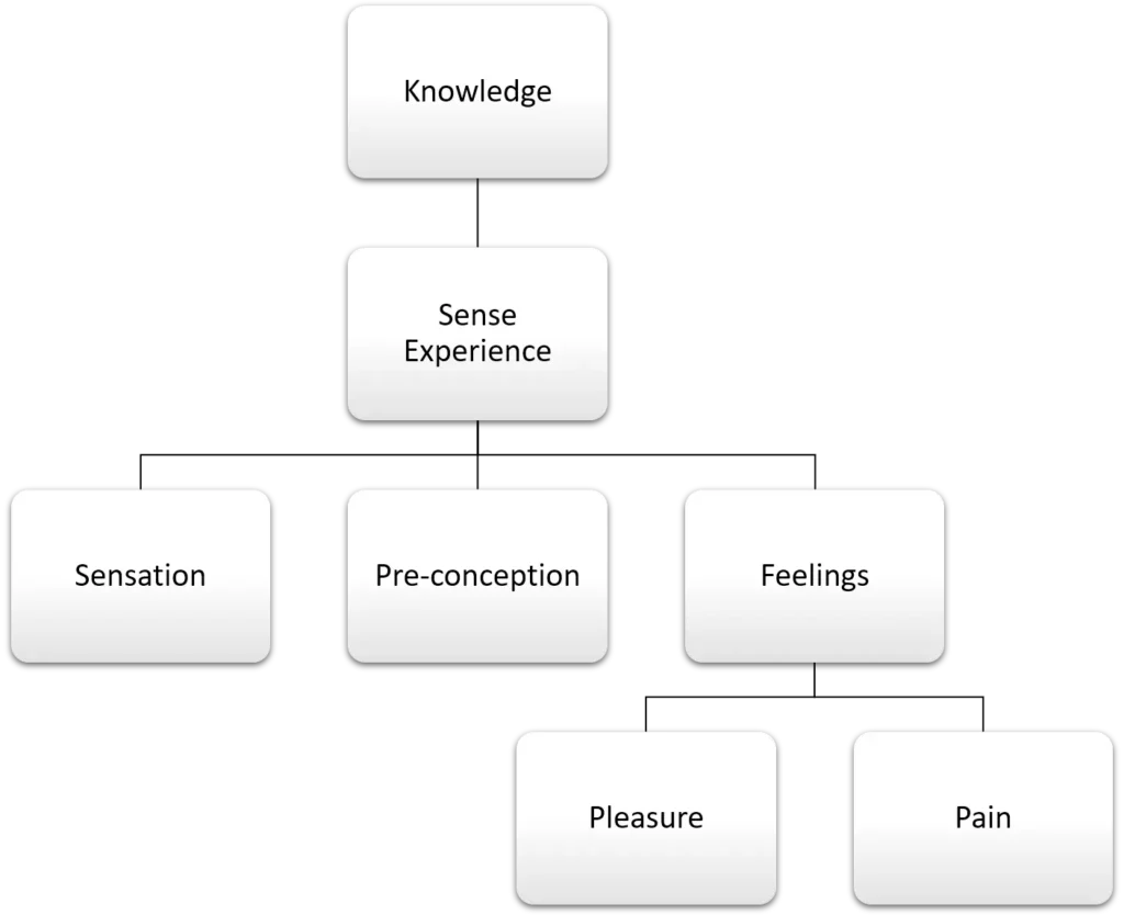 A diagram showing Epicurus’ theory of knowledge, where knowledge is based on sense experience, divided into sensation, pre-conception, and feelings, with feelings further classified into pleasure and pain.