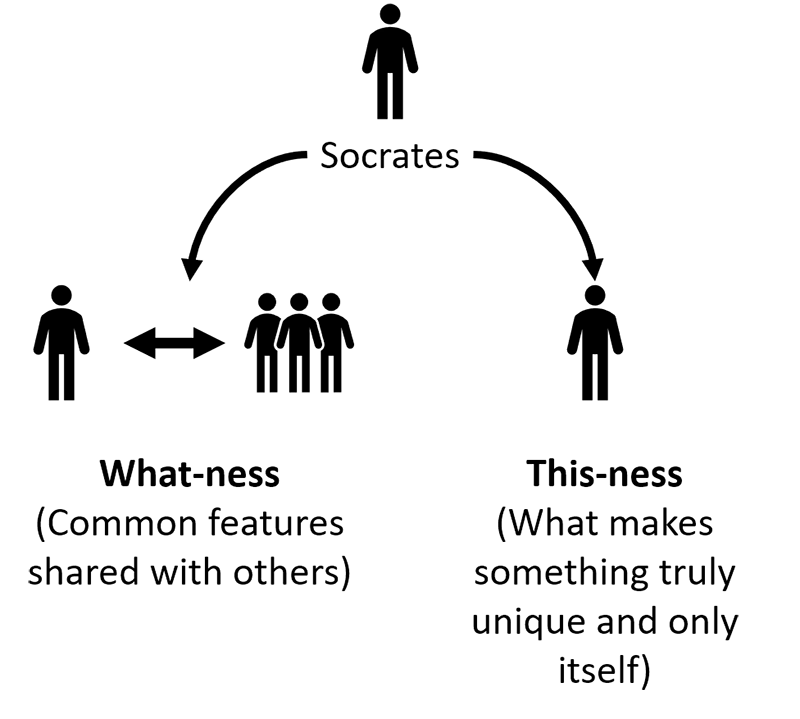 Diagram showing Aristotle’s concept of substance with whatness (form) and thisness (matter) explaining individual reality