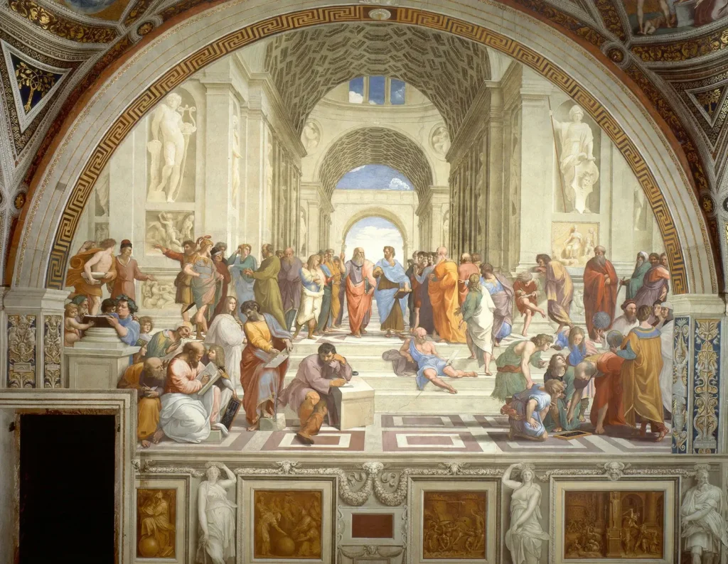 A grand Renaissance fresco showing ancient Greek philosophers like Plato and Aristotle gathered in a classical architectural hall, engaged in discussion.