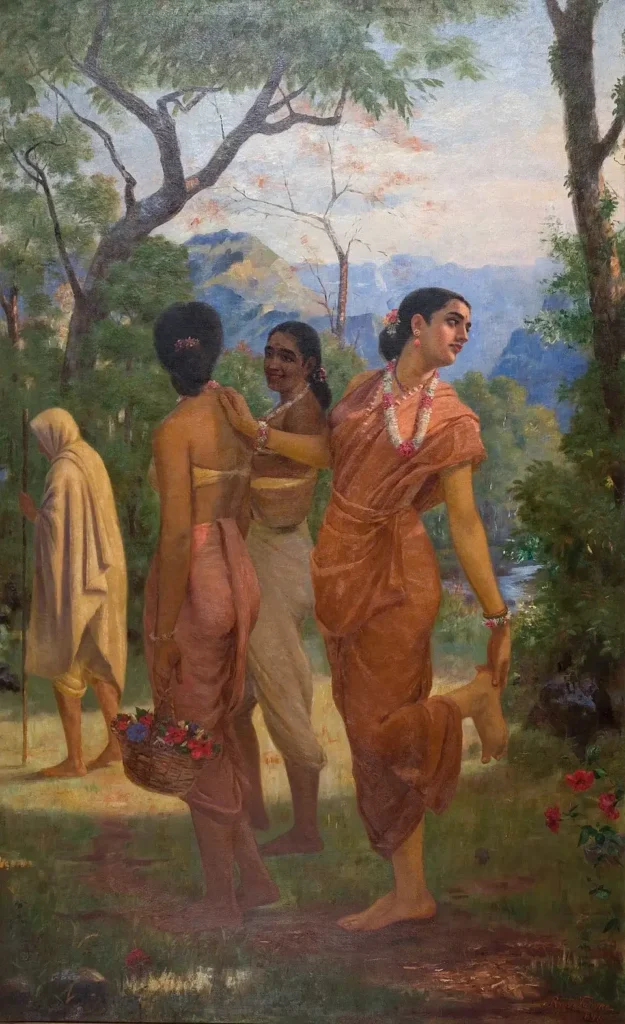 Shakuntala painting by Raja Ravi Varma depicting Shakuntala pretending to remove a thorn while secretly looking for King Dushyanta from the Mahabharata.